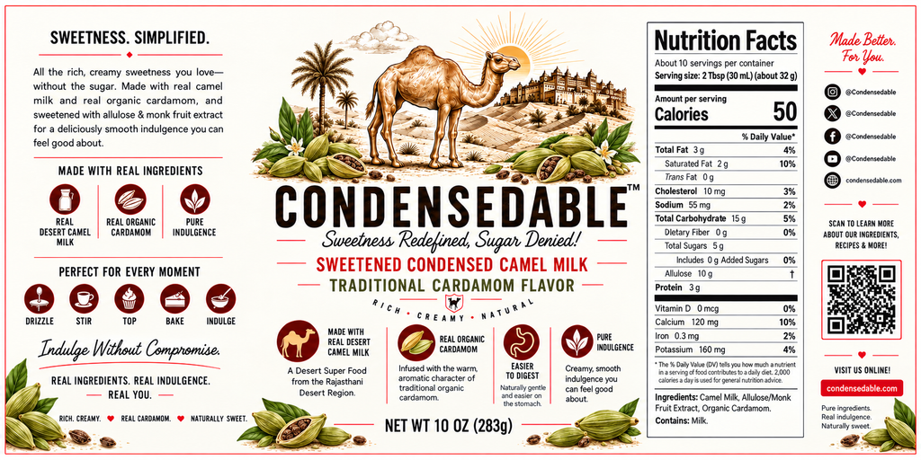 CONDENSEDABLE™ Sweetened Condensed Camel Milk — Traditional Cardamom Flavor 10oz. (In Glass Jar)