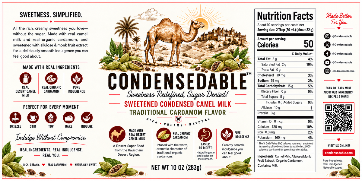 CONDENSEDABLE™ Sweetened Condensed Camel Milk — Traditional Cardamom Flavor 10oz. (In Glass Jar)