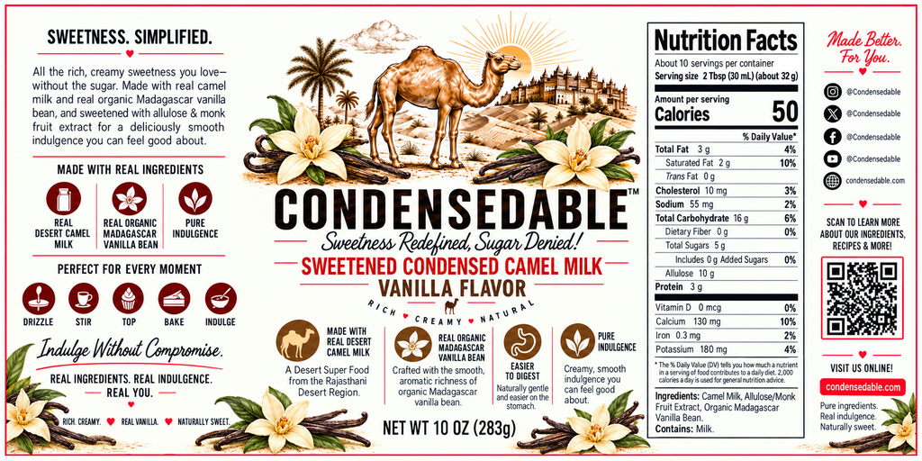 CONDENSEDABLE™ Sweetened Condensed Camel Milk — Vanilla Flavor 10oz. (In Glass Jar)