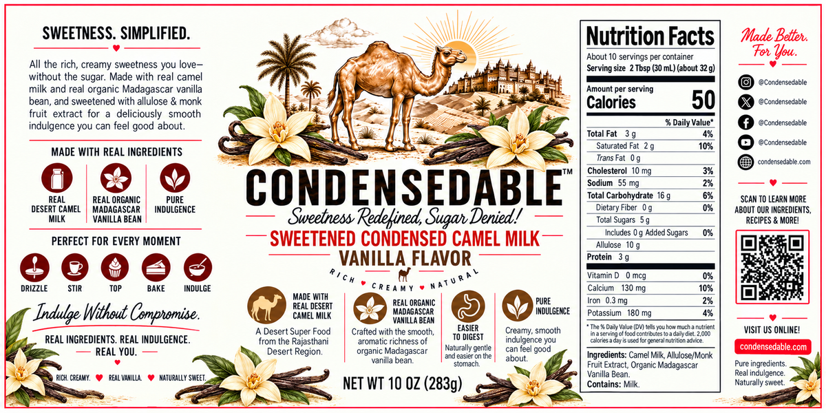 CONDENSEDABLE™ Sweetened Condensed Camel Milk — Vanilla Flavor 10oz. (In Glass Jar)