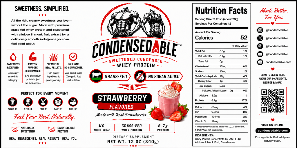 Condensedable™ Sweetened Condensed Whey Protein – Strawberry Flavor 12oz. (In Glass Jar)