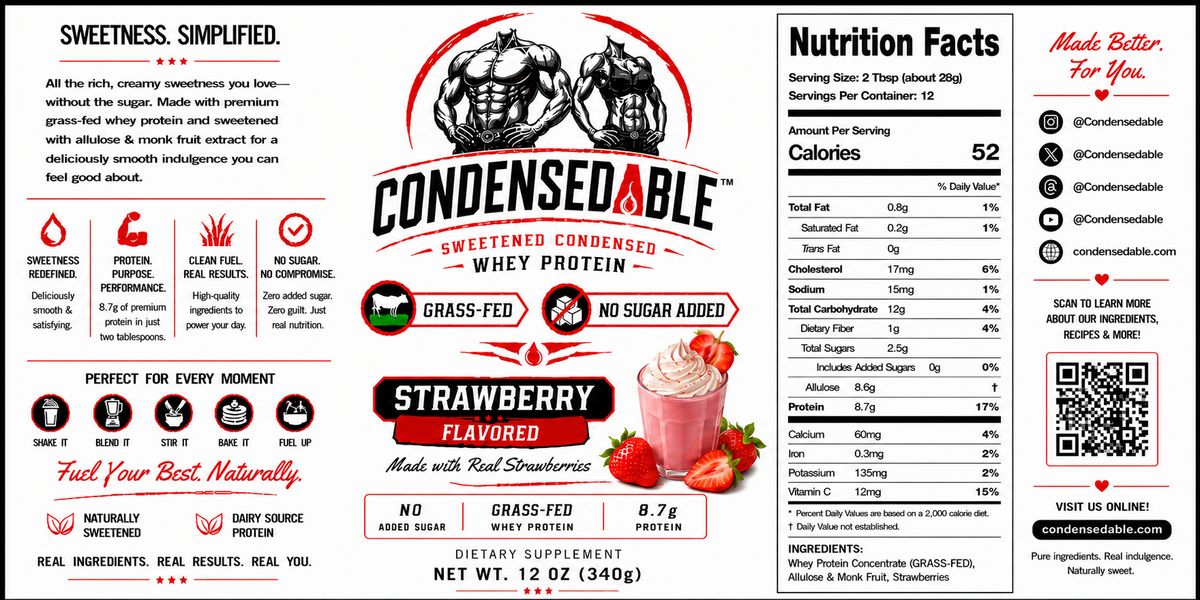 Condensedable™ Sweetened Condensed Whey Protein – Strawberry Flavor 12oz. (In Glass Jar)