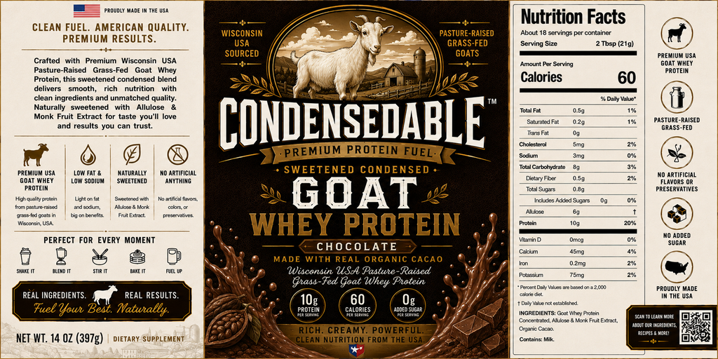CONDENSEDABLE™ Premium Protein Fuel Sweetened Condensed Goat Whey Protein – Chocolate 14oz. (In Glass Jar)