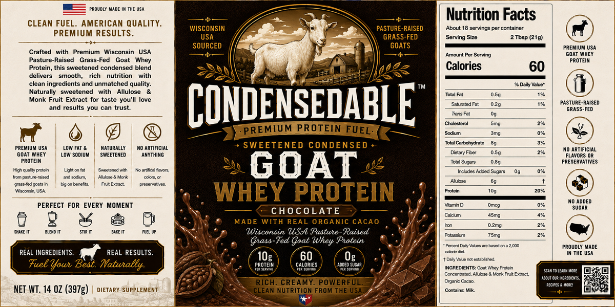 CONDENSEDABLE™ Premium Protein Fuel Sweetened Condensed Goat Whey Protein – Chocolate 14oz. (In Glass Jar)