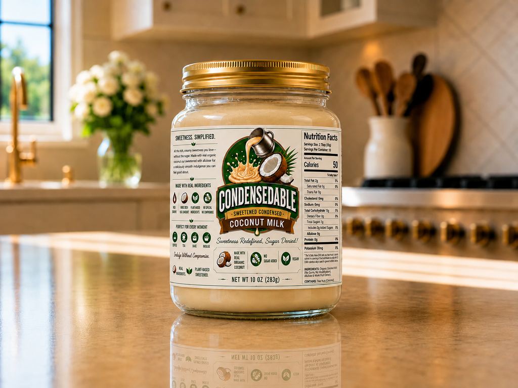 Jar of Condensable coconut milk on a kitchen counter
