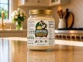 Jar of Condensable coconut milk on a kitchen counter