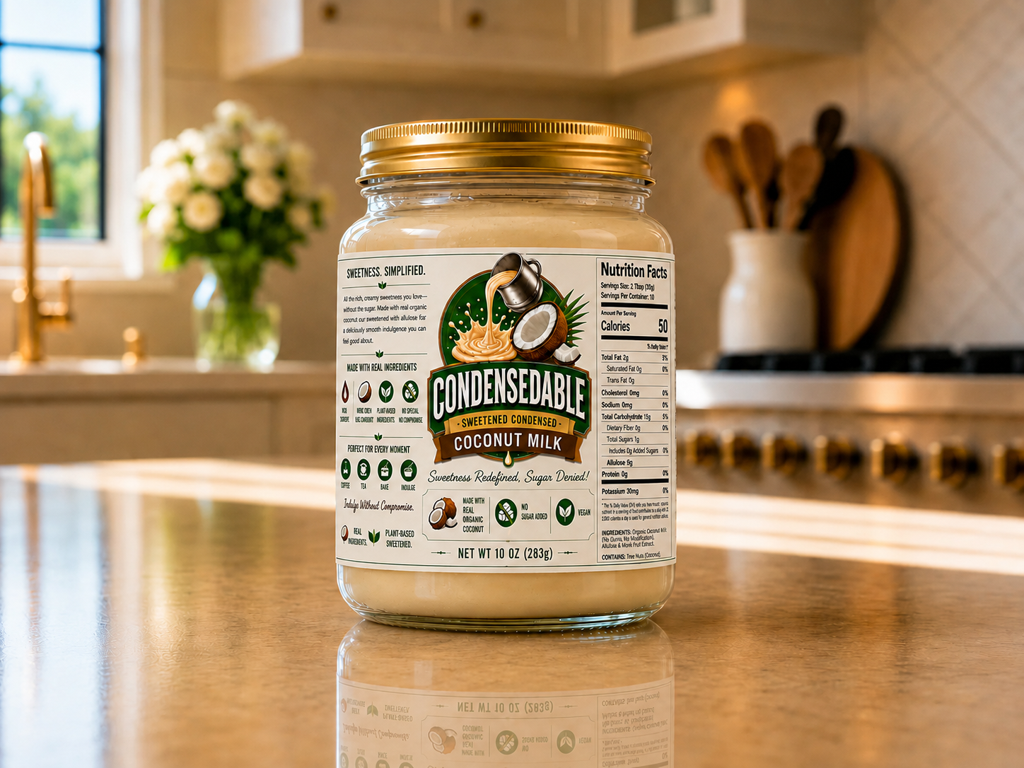 Jar of Condensable coconut milk on a kitchen counter