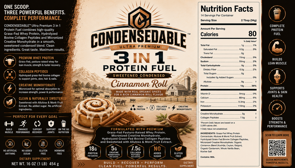 CONDENSEDABLE™ Ultra Premium 3-in-1 Protein Fuel Sweetened Condensed Whey Protein + Collagen Peptides + Creatine Monohydrate – Cinnamon Roll 16oz. (In Glass Jar)