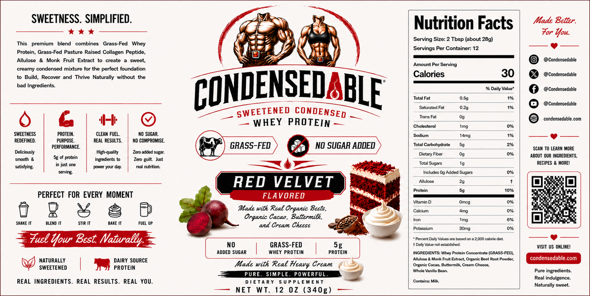 Condensedable™ Sweetened Condensed Whey Protein – Red Velvet Flavor 12oz. (In Glass Jar)