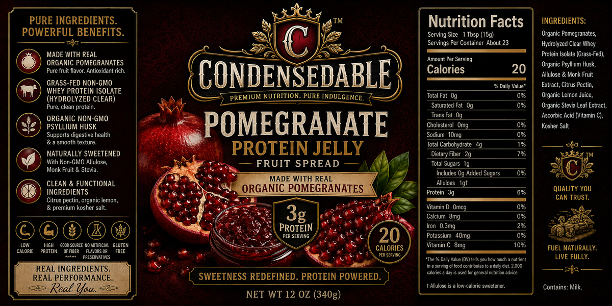 CONDENSEDABLE™ Pomegranate Protein Jelly Fruit Spread 12oz. (In Glass Jar)