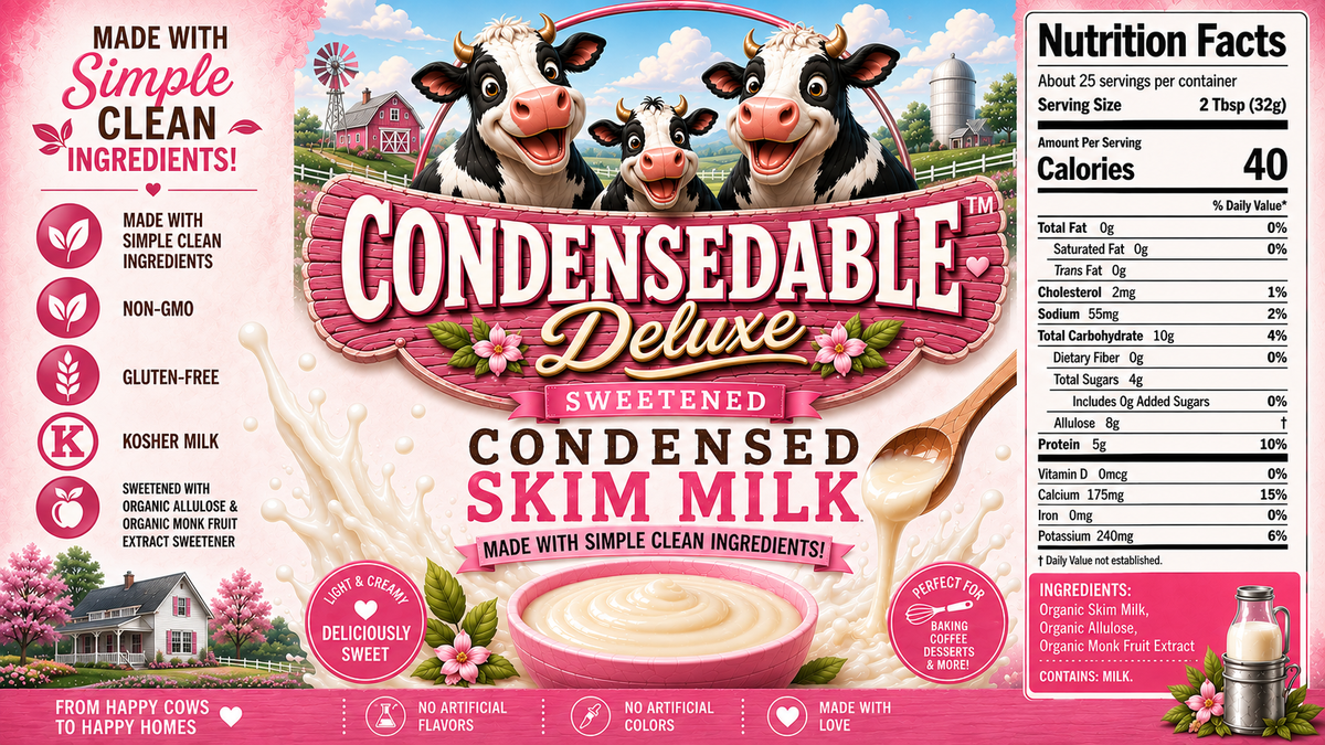 Front packaging of a 2-tub package of Condensedable Deluxe Sweetened Condensed Skim Milk, featuring cartoon cows, a barn, milk splash, and a nutrition facts panel on a pink background.