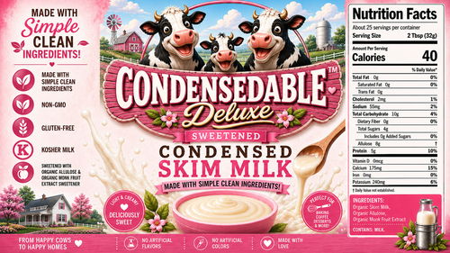 Front packaging of a 2-tub package of Condensedable Deluxe Sweetened Condensed Skim Milk, featuring cartoon cows, a barn, milk splash, and a nutrition facts panel on a pink background.