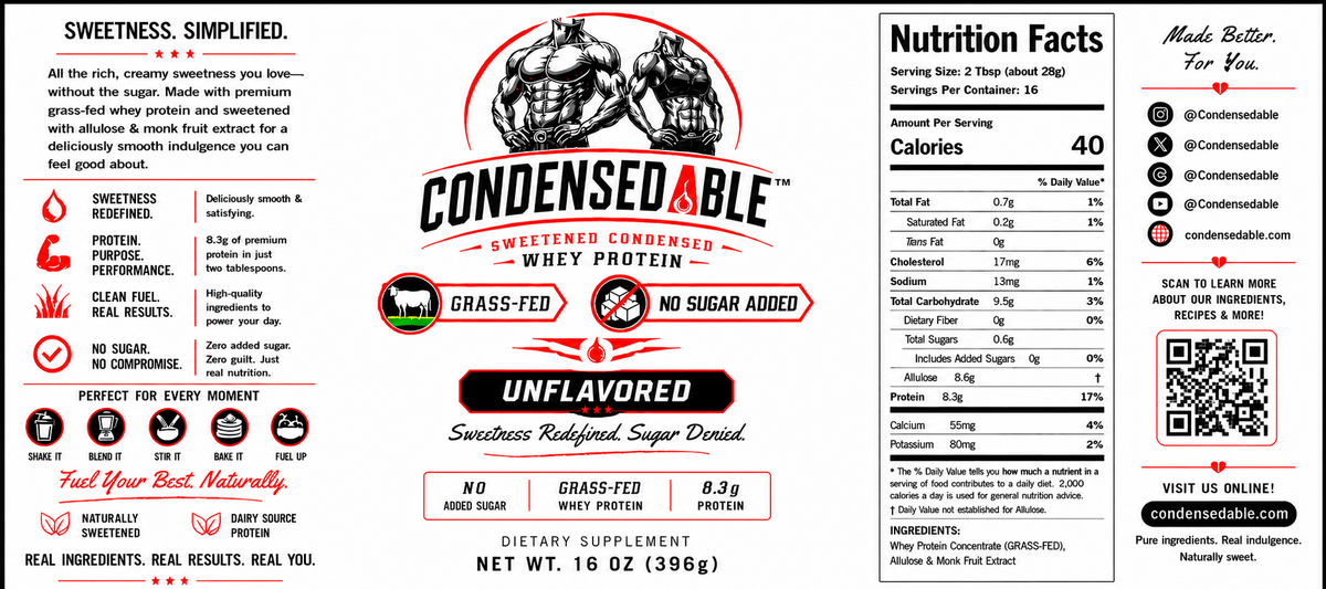 Front and back packaging labels for Condensed Able Unflavored Sweetened Condensed Whey Protein. The front label features the brand logo, product name, key selling points, and a 'Made in USA' badge.