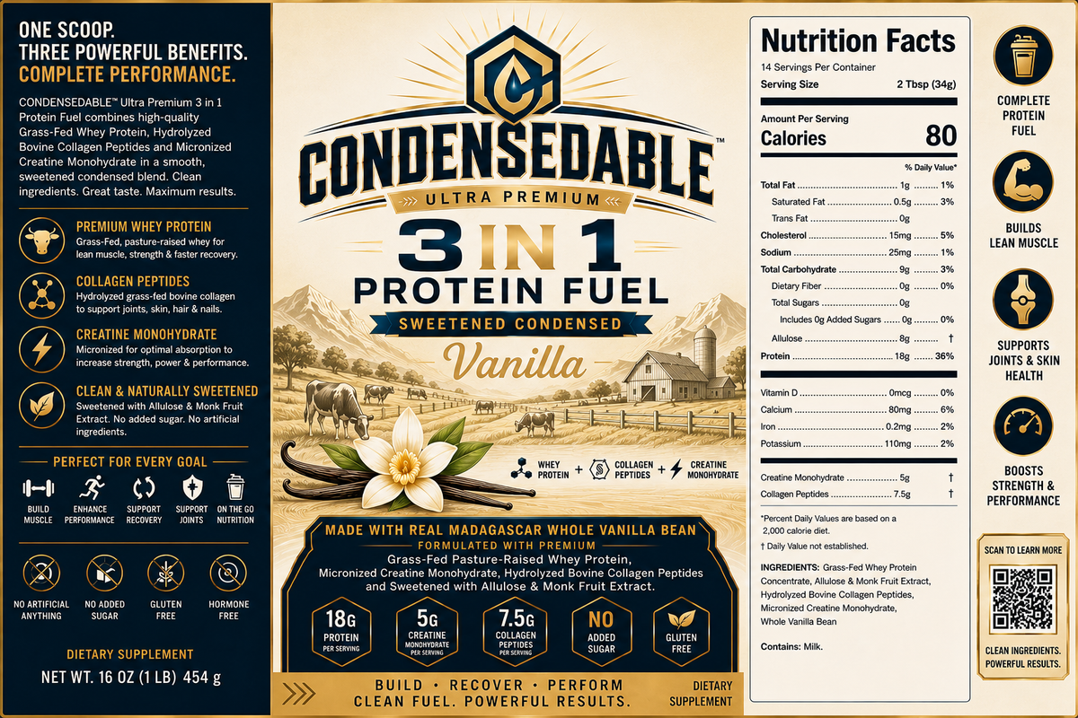 CONDENSEDABLE™ Ultra Premium 3-in-1 Protein Fuel Sweetened Condensed Whey Protein + Collagen Peptides + Creatine Monohydrate – Vanilla 16oz. (In Glass Jar)