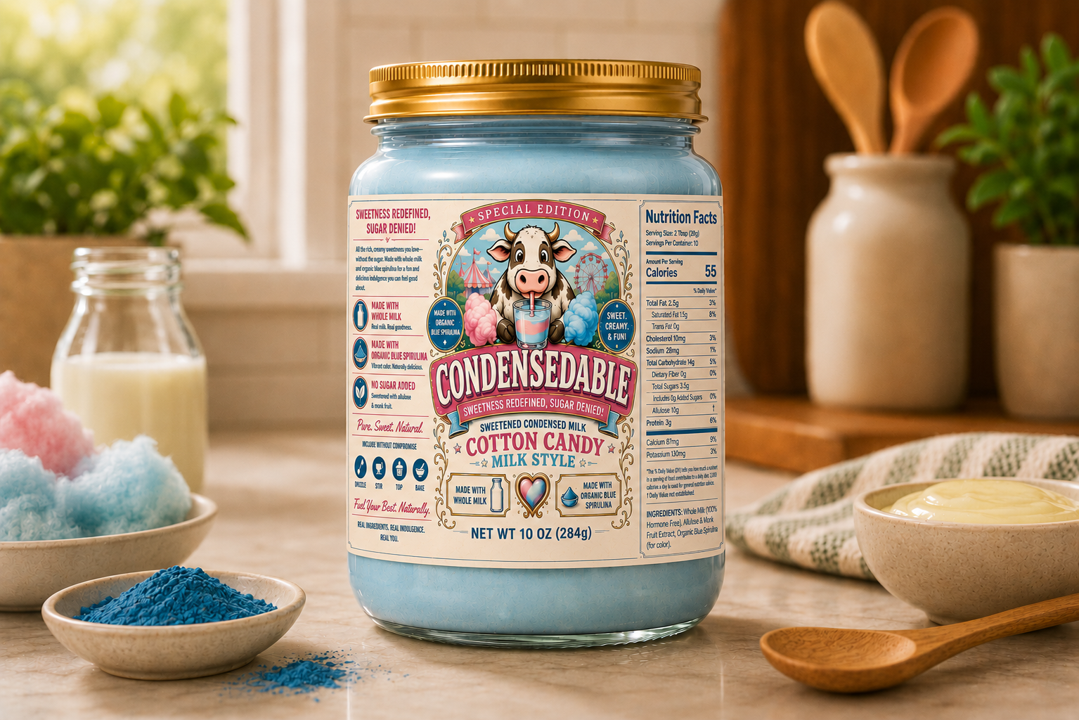 Jar of Condensable Cotton Candy Milk Style on a table with decorative items.