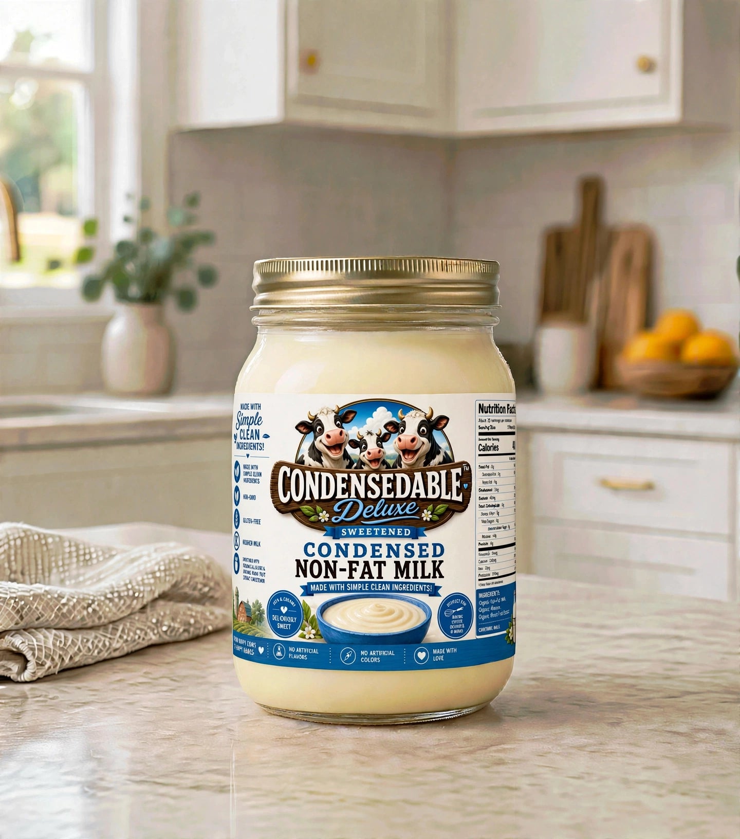 A jar of Condensedable Deluxe Condensed Non-Fat Milk sits on a kitchen counter with a blurred kitchen background.