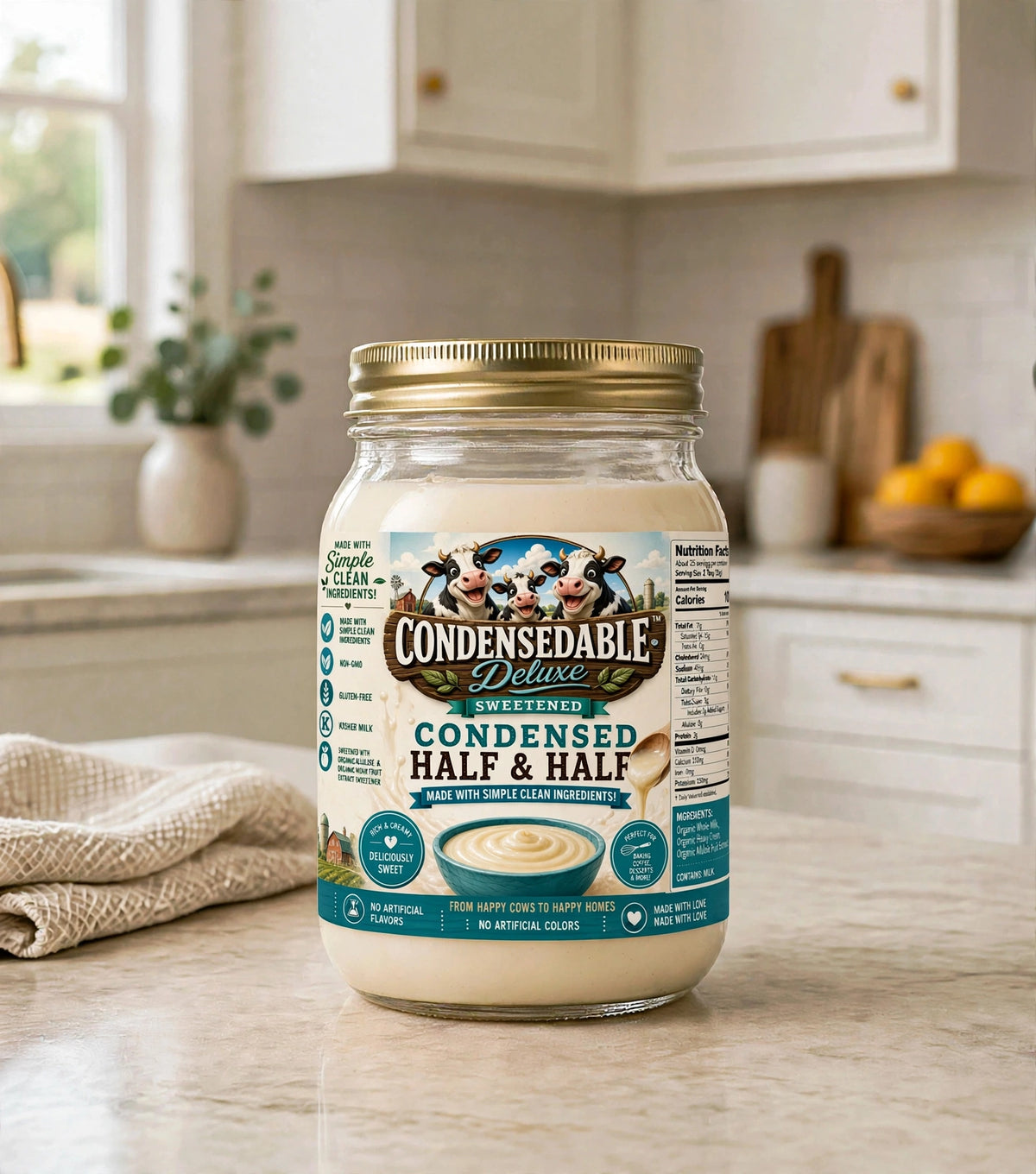 A jar of Condensededable Deluxe Sweetened Half & Half creamer sits on a kitchen countertop with a blurred kitchen background.