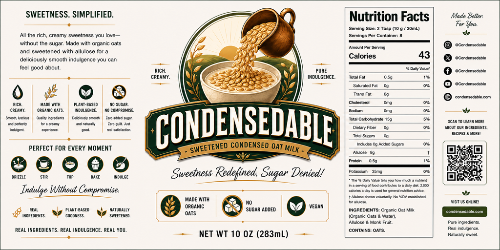 Label of Condensedable sweetened condensed oat milk with nutritional information and branding details.