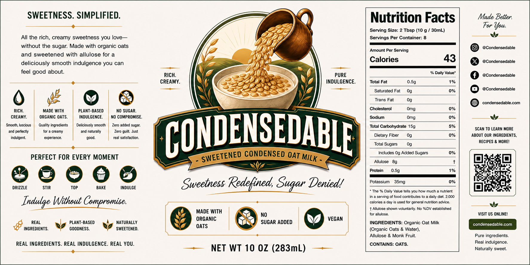 Label of Condensedable sweetened condensed oat milk with nutritional information and branding details.