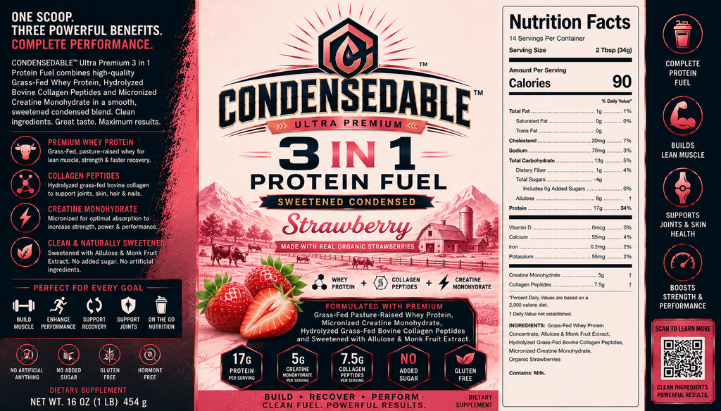 CONDENSEDABLE™ Ultra Premium 3-in-1 Protein Fuel Sweetened Condensed Whey Protein + Collagen Peptides + Creatine Monohydrate – Strawberry 16oz. (In Glass Jar)