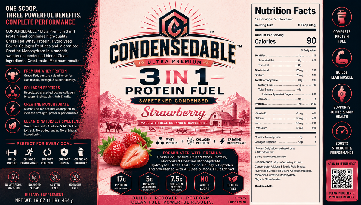 CONDENSEDABLE™ Ultra Premium 3-in-1 Protein Fuel Sweetened Condensed Whey Protein + Collagen Peptides + Creatine Monohydrate – Strawberry 16oz. (In Glass Jar)