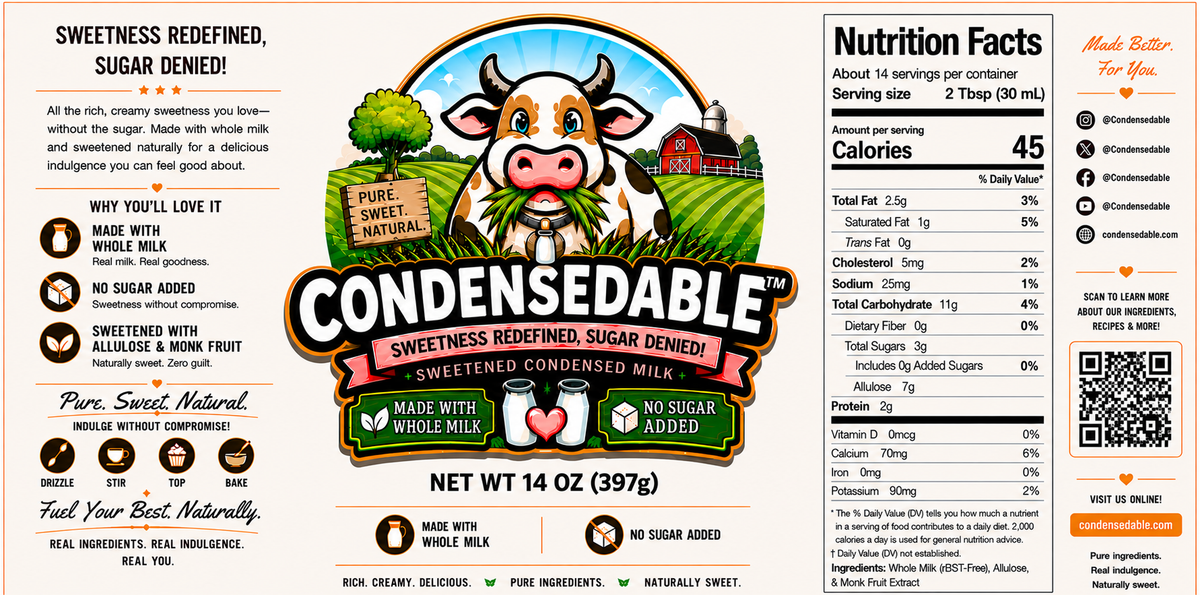A square product label for Condensedable Sweetening Conjured Juice, featuring a cartoon cow in a barn, a large nutrition facts panel, ingredient list, and branding text on a white background.