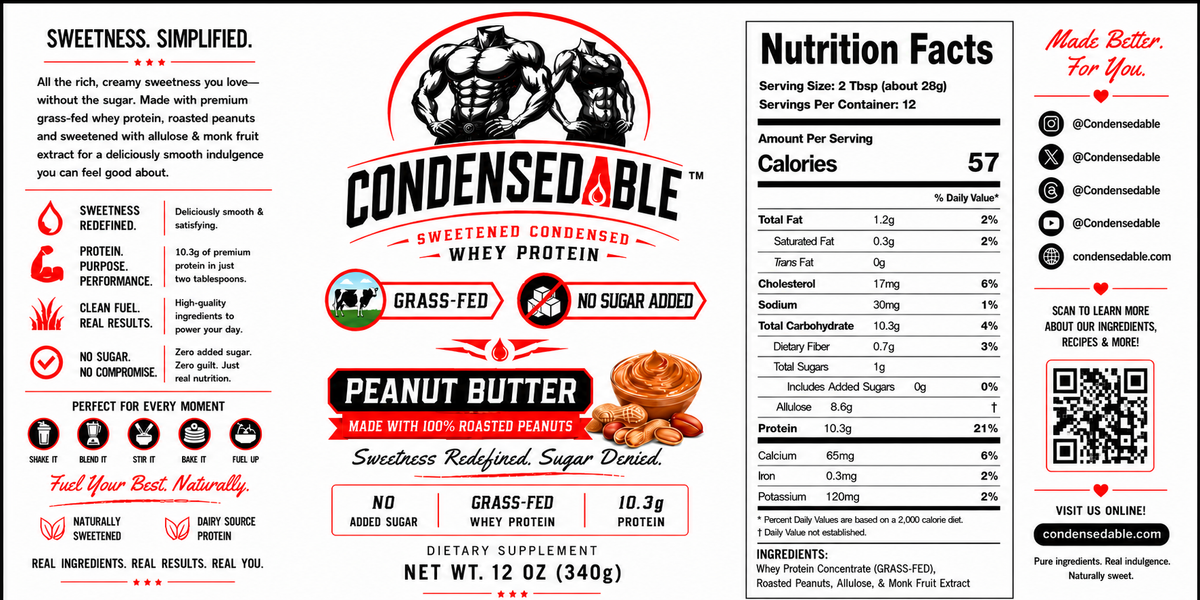 Front and back packaging label of Condensed Able Sweetened Condensed Whey Protein in Peanut Butter flavor, showing nutrition facts, ingredients, and branding on a white background.