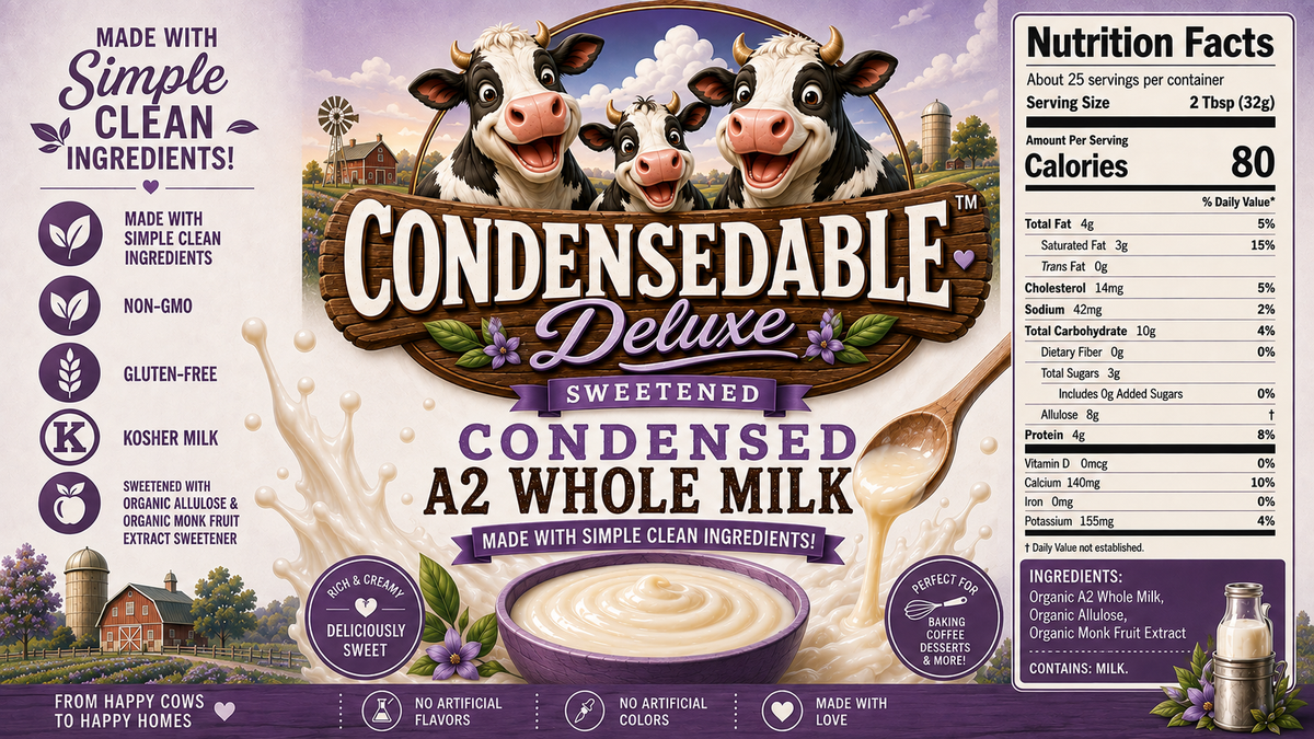 Front of a Condensedable Deluxe Sweetened Condensed A2 Whole Milk carton, showing two cartoon cows, a bowl of milk, and a nutrition facts panel on a purple and cream background.