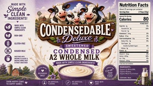 Front of a Condensedable Deluxe Sweetened Condensed A2 Whole Milk carton, showing two cartoon cows, a bowl of milk, and a nutrition facts panel on a purple and cream background.