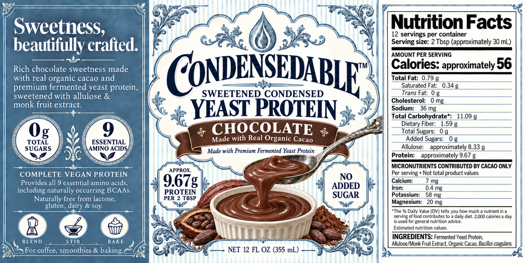 🍫 CONDENSEDABLE™ Sweetened Condensed Yeast Protein — Chocolate 12oz. (In Glass Jar)