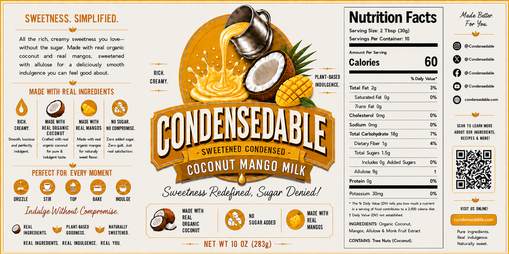 Label of Condensedable Sweetened Condensed Coconut Mango Milk with nutritional information and branding details.