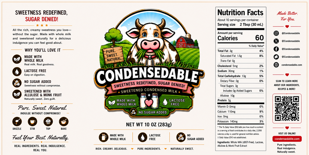 Front and back packaging of a 10 g serving of Condensedable Sweetened Redefined Sugar Denim. The front features a cartoon cow in a barn with a sign reading 'Sweetened Redefined Sugar Denim' and a 'Made in USA' badge.