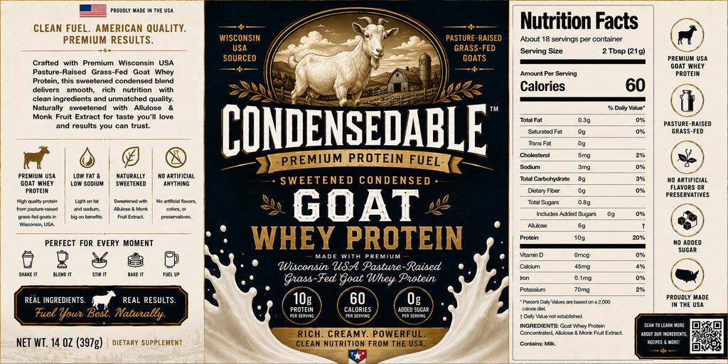 CONDENSEDABLE™ Premium Protein Fuel Sweetened Condensed Goat Whey Protein 14oz. (In Glass Jar)