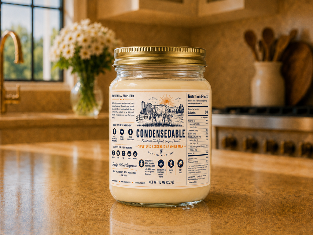 Jar of 'Condensedable' on a kitchen counter with a blurred background