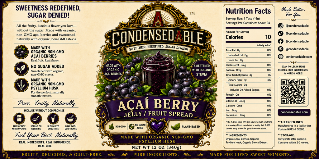 CONDENSEDABLE™ Açaí Berry Jelly / Fruit Spread | No Sugar Added | Plant-Based | (In Glass Jar)