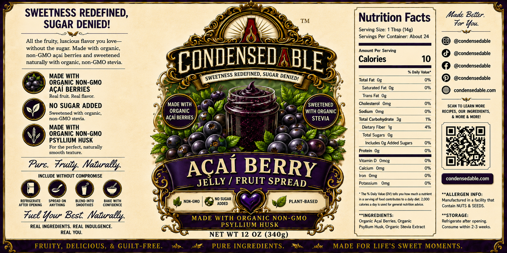 CONDENSEDABLE™ Açaí Berry Jelly / Fruit Spread | No Sugar Added | Plant-Based | (In Glass Jar)