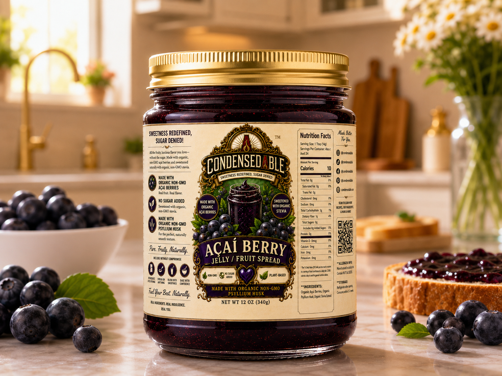 CONDENSEDABLE™ Açaí Berry Jelly / Fruit Spread | No Sugar Added | Plant-Based | (In Glass Jar)