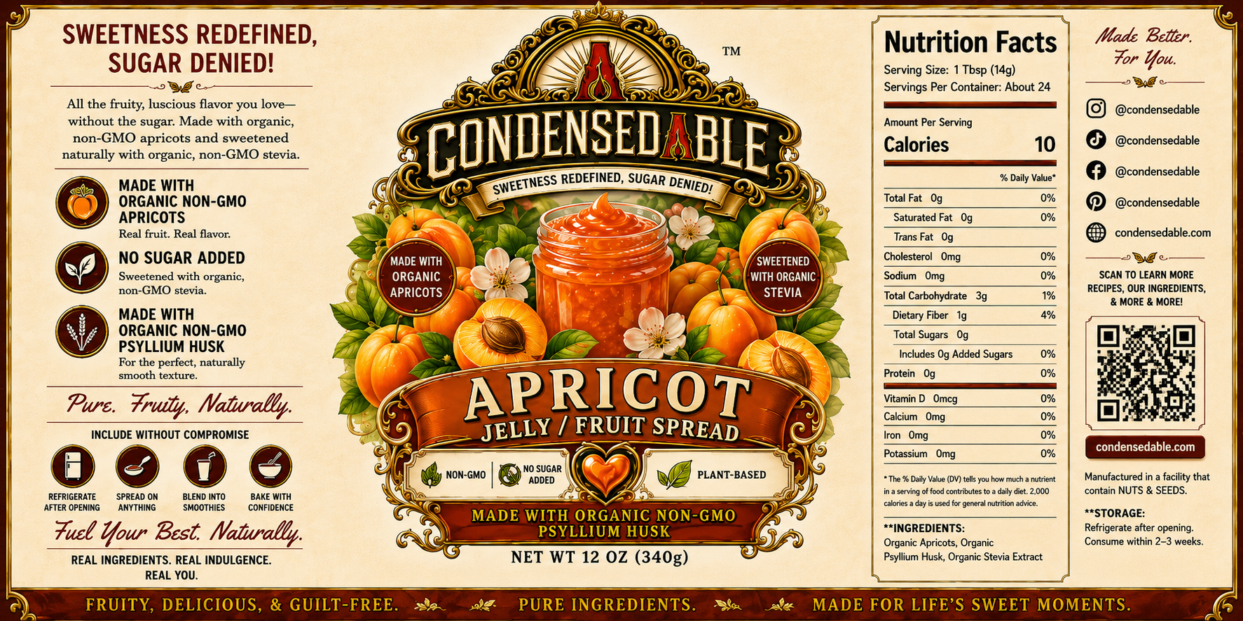 CONDENSEDABLE™ Apricot Jelly / Fruit Spread | No Sugar Added | Plant-Based | (In Glass Jar)