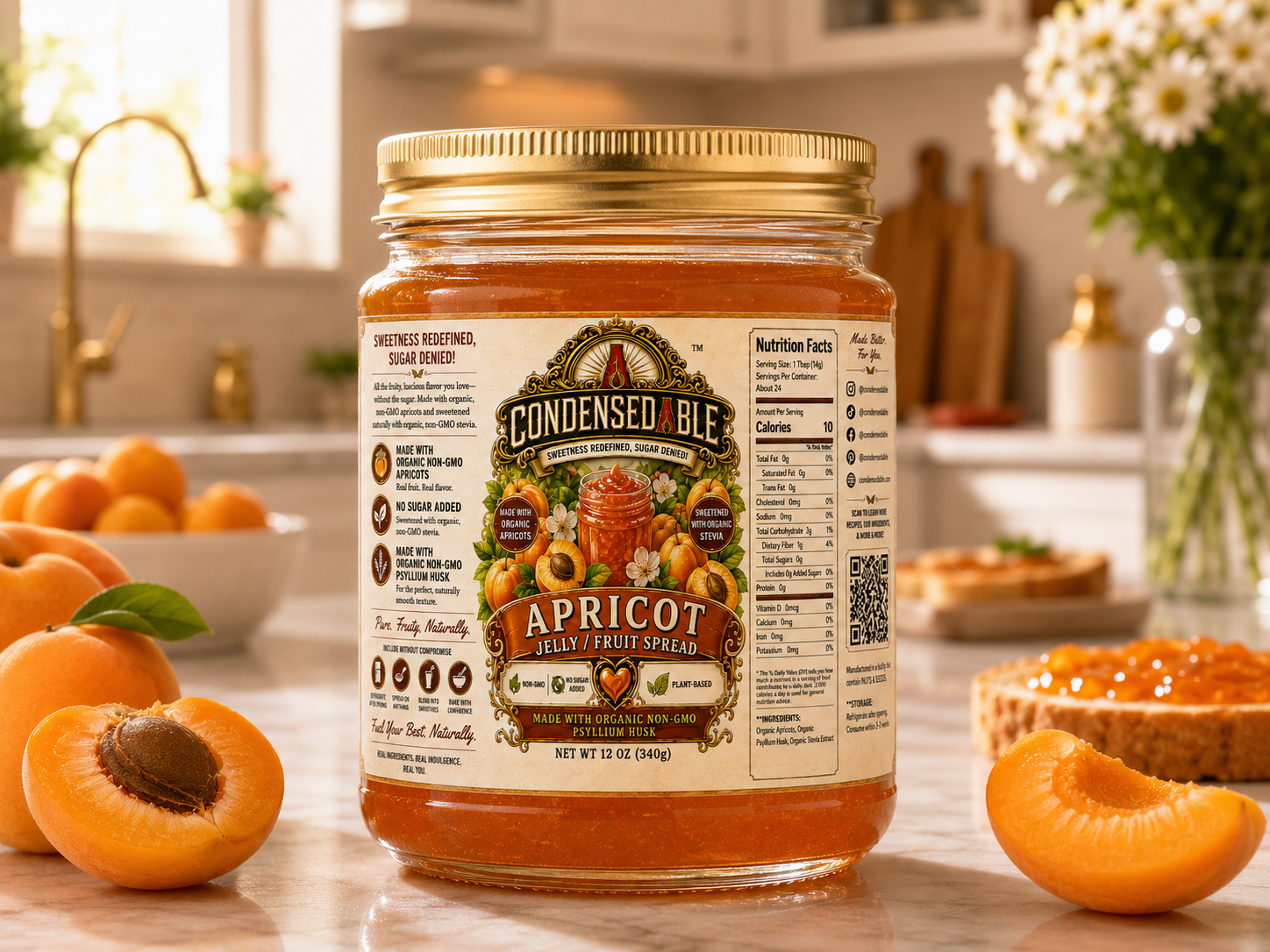 CONDENSEDABLE™ Apricot Jelly / Fruit Spread | No Sugar Added | Plant-Based | (In Glass Jar)