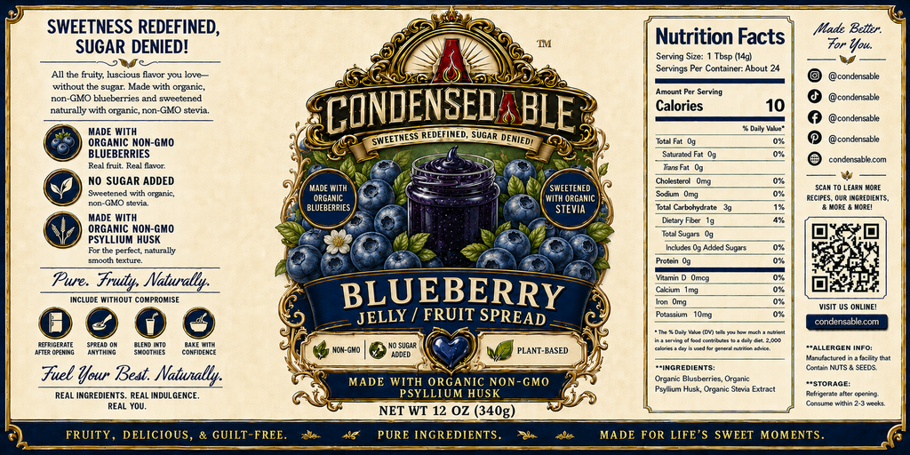 Condensedable™ Blueberry Jelly / Fruit Spread | No Sugar Added | Plant-Based | (In Glass Jar)