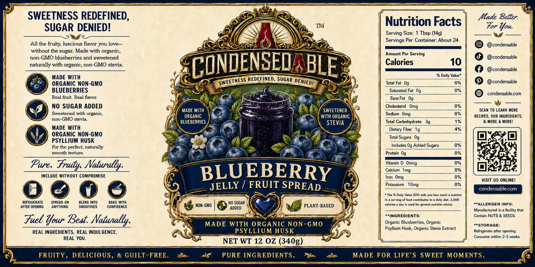 Condensedable™ Blueberry Jelly / Fruit Spread | No Sugar Added | Plant-Based | (In Glass Jar)