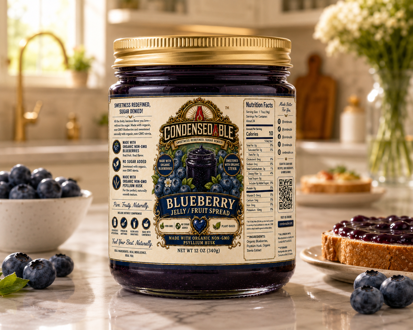 Condensedable™ Blueberry Jelly / Fruit Spread | No Sugar Added | Plant-Based | (In Glass Jar)