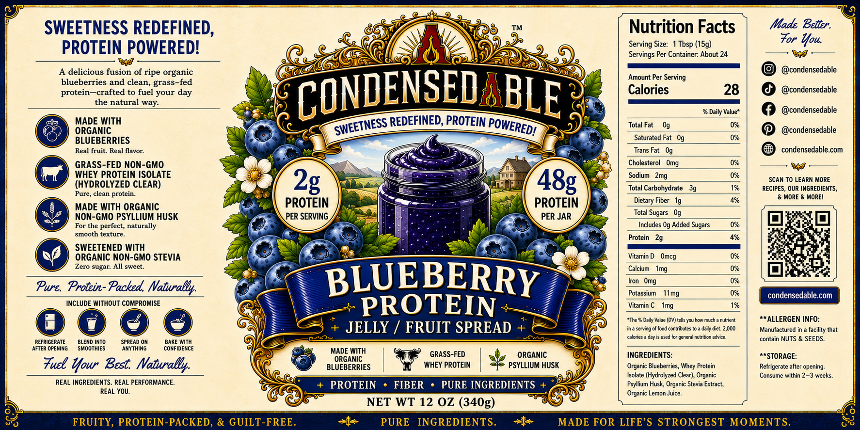 CONDENSEDABLE™ Blueberry Protein Jelly / Fruit Spread (In Glass Jar)