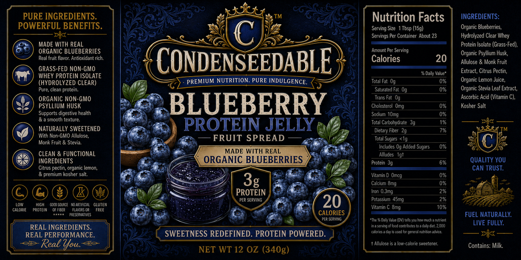 Front and back packaging views of Condenseable Blueberry Protein Jelly Fruit Spread, showing a dark navy blue design with blueberry illustrations, product details, and nutrition facts.