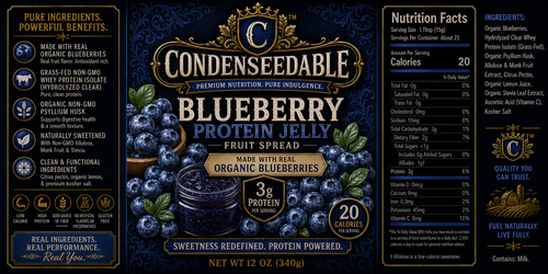 Front and back packaging views of Condenseable Blueberry Protein Jelly Fruit Spread, showing a dark navy blue design with blueberry illustrations, product details, and nutrition facts.