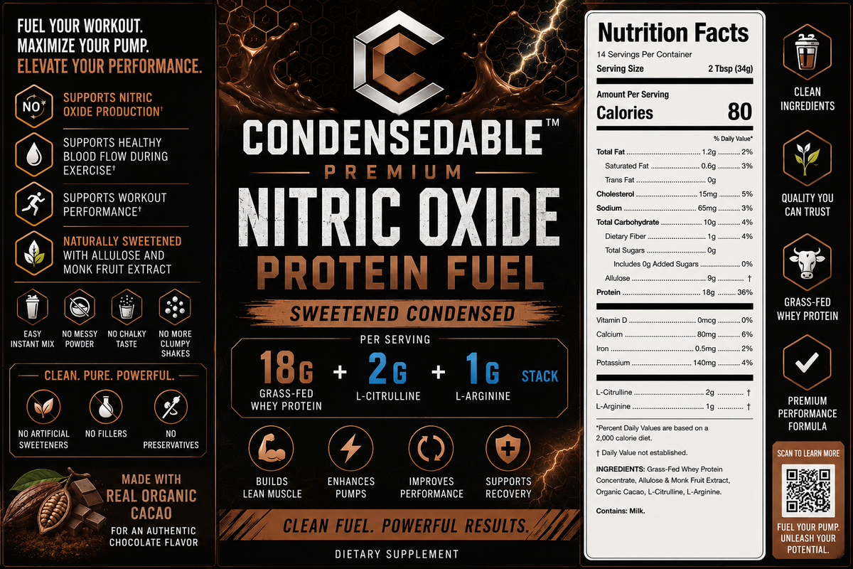Front and back packaging of Condensedable Premium Nitric Oxide Protein Fuel in chocolate milkshake flavor, showing product details, ingredients, and nutrition facts on a dark background.