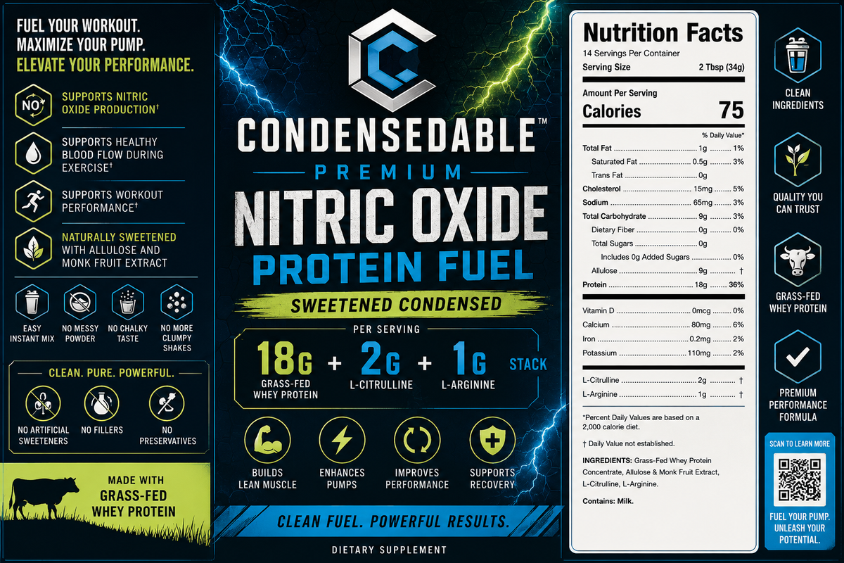 A flat, front-facing product label for Condensedable Premium Nitric Oxide Protein Fuel, Sweetened Condensed. The label features a dark blue and black background with bright blue lightning accents, a central white and blue logo, a nutrition facts panel on the right, and several feature callouts on the left and right.