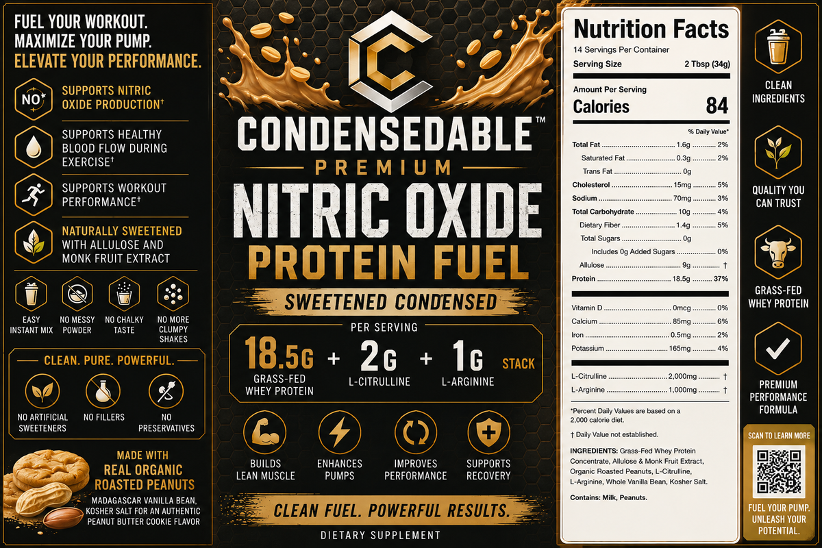 CONDENSEDABLE™ Premium Nitric Oxide Protein Fuel Sweetened Condensed Peanut Butter Cookie Formula 14oz. (In Glass Jar)
