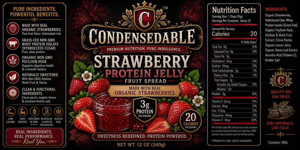 Front and back packaging of a 12 oz jar of Condensedable Strawberry Protein Jelly, showing the brand logo, ingredients, nutrition facts, and product benefits on a dark red background.