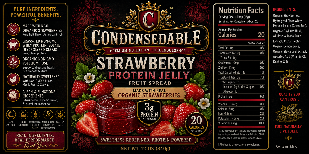 Front and back packaging of a 12 oz jar of Condensedable Strawberry Protein Jelly, showing the brand logo, ingredients, nutrition facts, and product benefits on a dark red background.